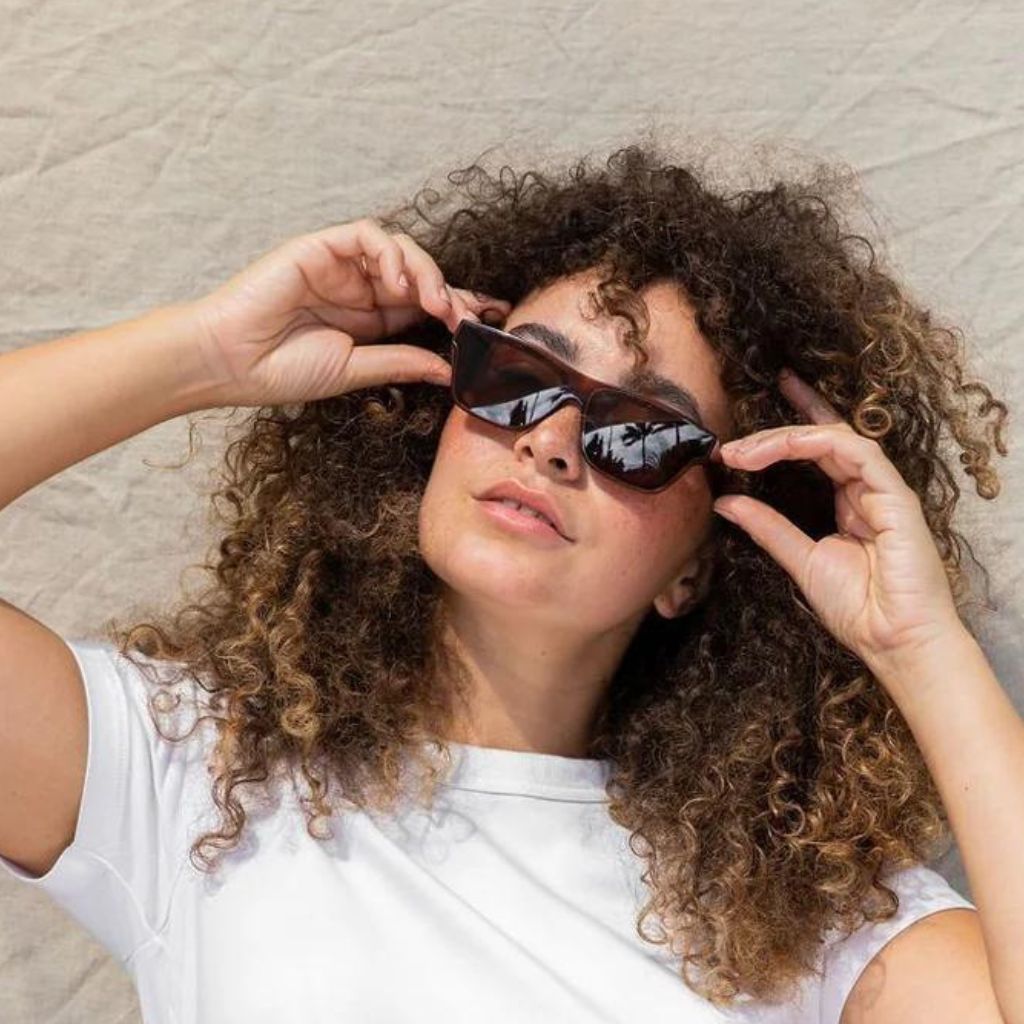 visible:Kyera has a square face shape, med width, med nose bridge:black #color_Affogato with Tan Nylon Non-polarized Lenses