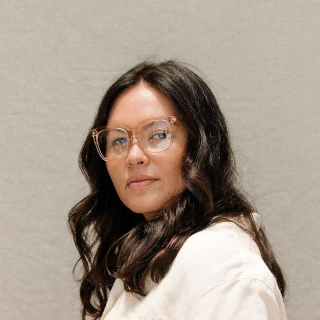visible:Mel has round face shape, extra wide face width, med nose bridge:black #color_Lychee Soda with Prescription Lenses
