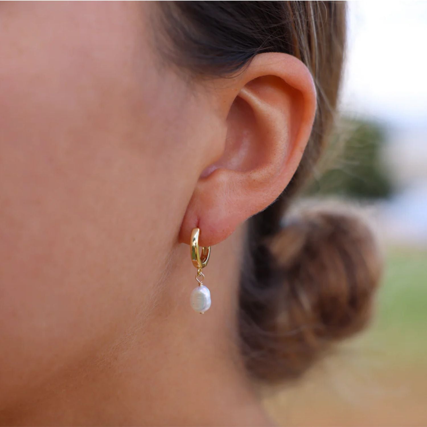 White Keshi Pearl Huggie by Misha Hawaii