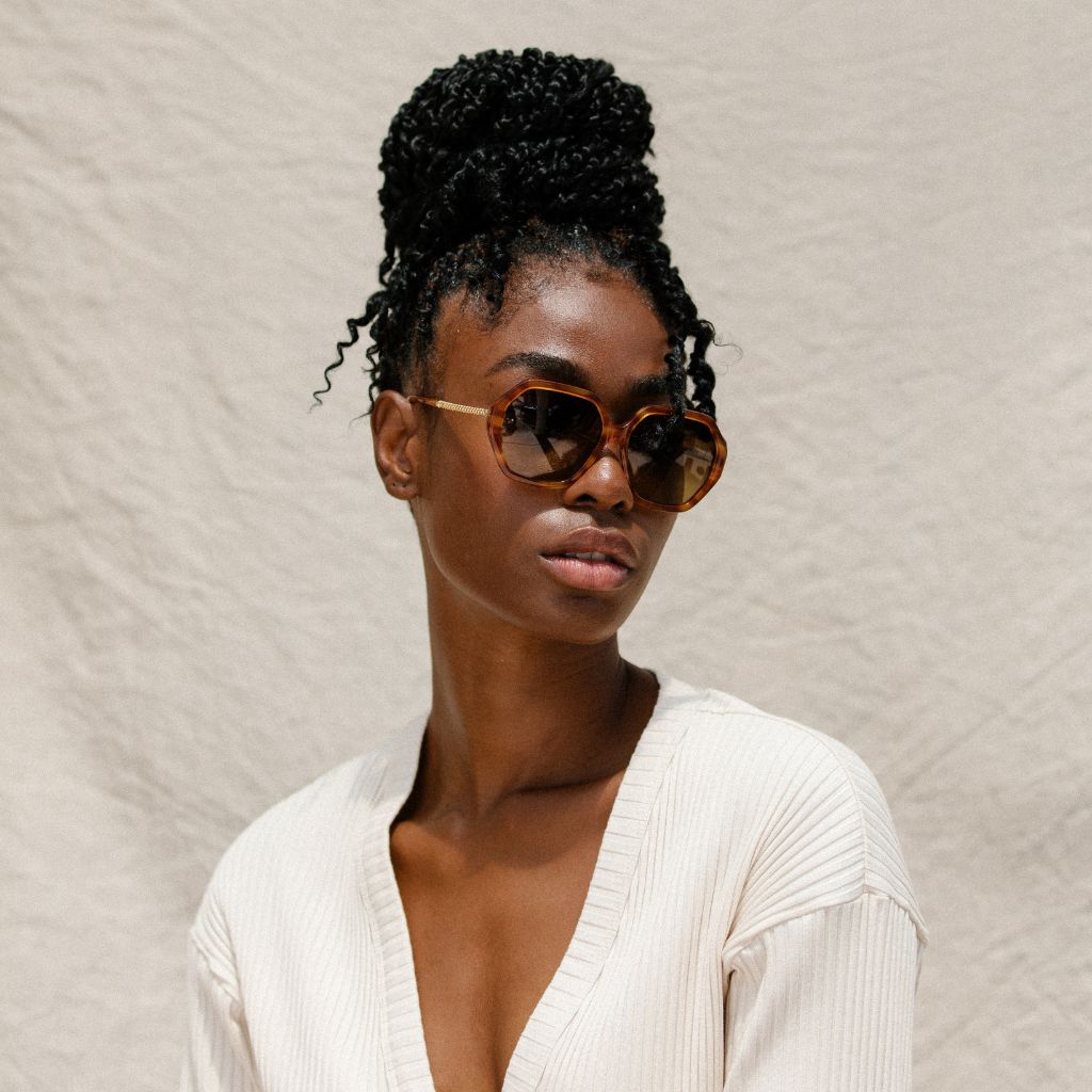 visible:Channel has a oval face shape, wide face width, low nose bridge:black #color_Sunset Tortoise with Polarized Tan Gradient Lenses