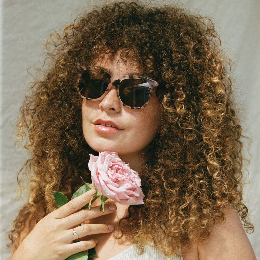 visible:Kyera has a square face shape, med width, med nose bridge #color_Cherry Blossom Tortoise with Polarized Tan Lenses