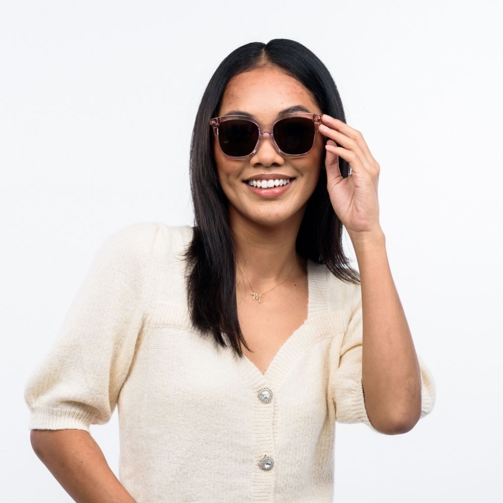 visible:Angeleyh has a square face, low nose bridge, med face width, med skin with warm undertones:black #color_Lilac Quartz with Polarized Gray Lens