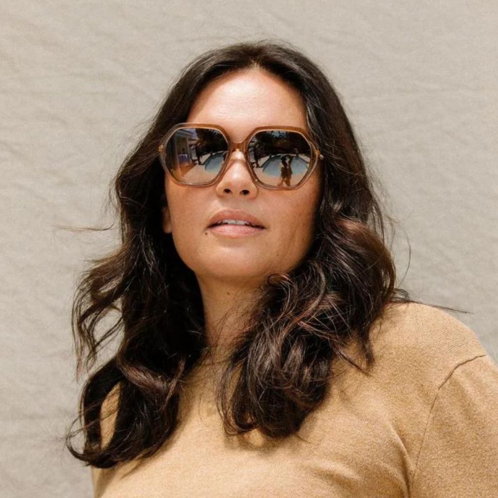 visible:Mel has round face shape, extra wide face width, med nose bridge #color_Smokey Topaz with Polarized Tan Lenses